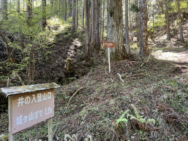 登山口案内板と山道