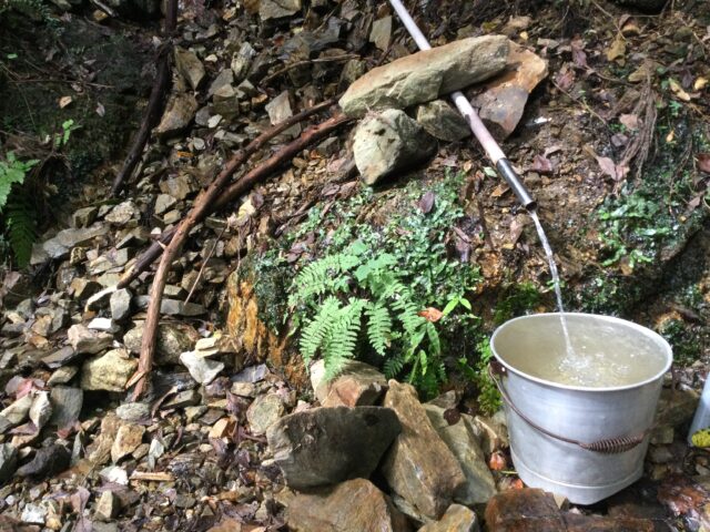 バケツに流れ込む天然の水