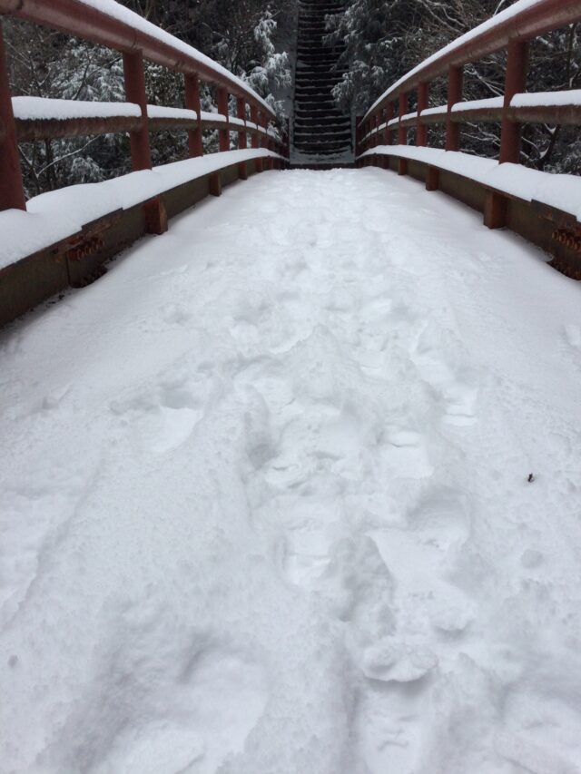 雪が積もった紅い橋