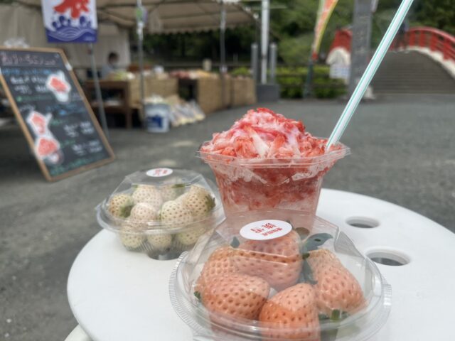 白い台の上のかき氷とイチゴのパック